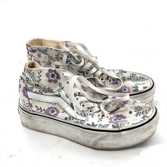 Vans Sk8 Hi Canvas Shoe 7.5 Womens Floral Flower White Sneakers High Top - Picture 2 of 8